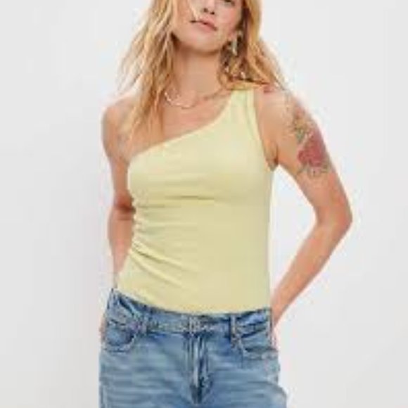American Eagle Outfitters Tops - American Eagle | Yellow One Shoulder Ribbed Tank Top